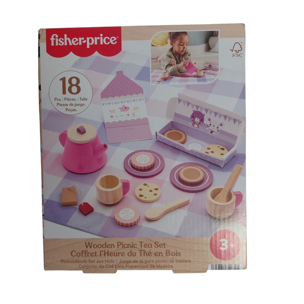 Fisher-Price Wooden Picnic Tea Set Blanket Wood Cups & Saucers 18 Pieces NWT